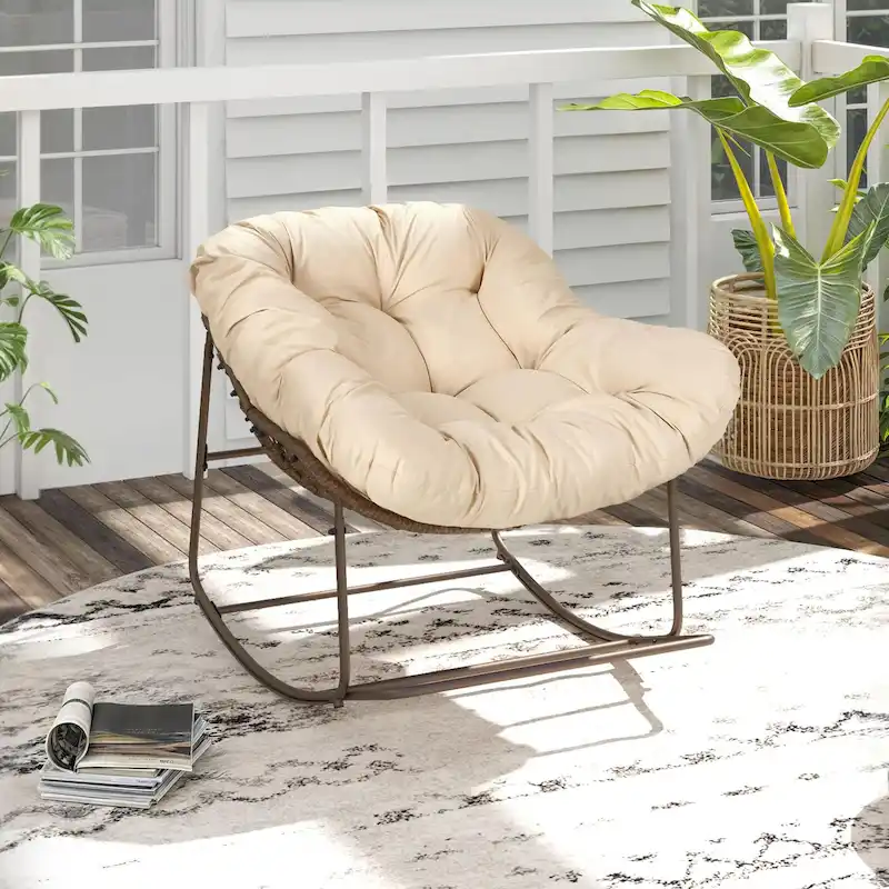 Moasis Patio Rocking Papasan Chair Outdoor Oversized Basket Chair Rocker with Cushion