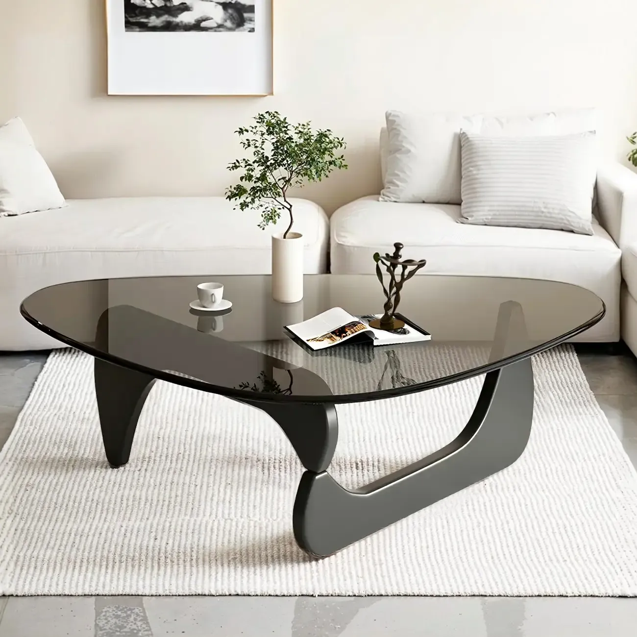 Modern Triangle Glass Coffee Table Wooden Base