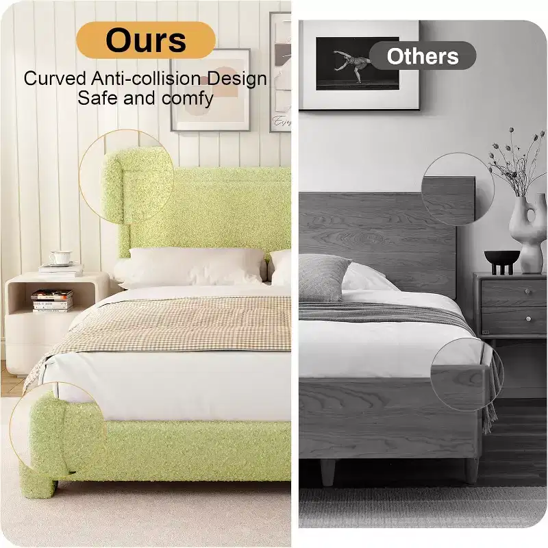 Dyonery Boucle Bed Frame,Black Upholstered Teddy Fabric Bed Frame with Headboard,No Box Spring Required, Adjustable Headboard, Easy Assembly