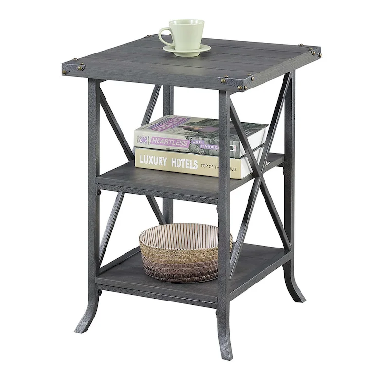 18-Inch End Table with Shelves, Hammered Metal Frame, Grooved Top Panel, Scrolled Feet for Living Room