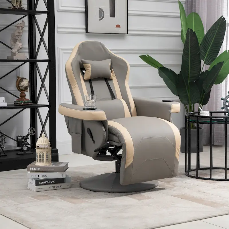 PU Leather Manual Recliner Chair with 135 Recline, Adjustable Footrest, 360 Swivel, Cup Holders and Storage Pockets