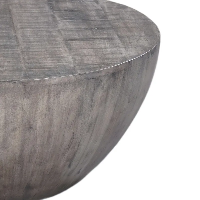 36 Inch Round Coffee Table, Handcrafted Drum Shape, Mango Wood with Olive Gray Finish