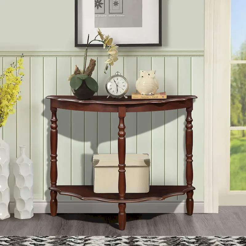 42 Retro Circular Curved Half-Moon Console Table with Cloud Design Top and Open Shelf Solid Wood Frame and Legs