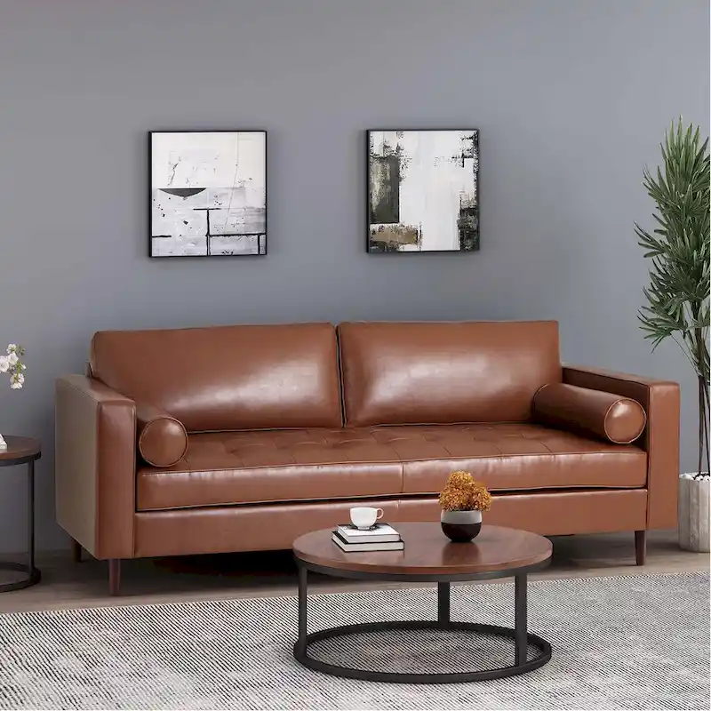Modern 82.25 Faux Leather 3-Seater Sofa with Wood Legs