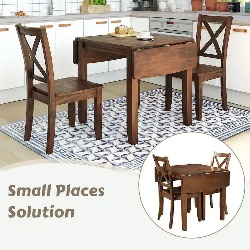 3-Piece Wooden Breakfast Nook Dining Table Set with Drop Leaf Table