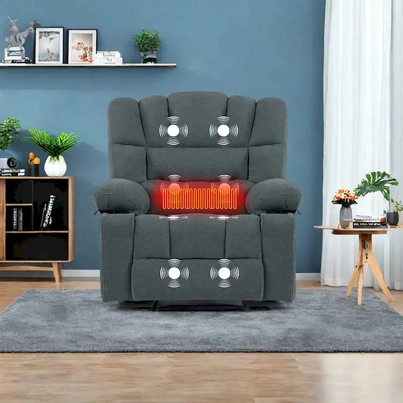 Chenille Manual Recliner Chair with Massage and Lumbar Heating, Dual Cup Holders, Side Pockets