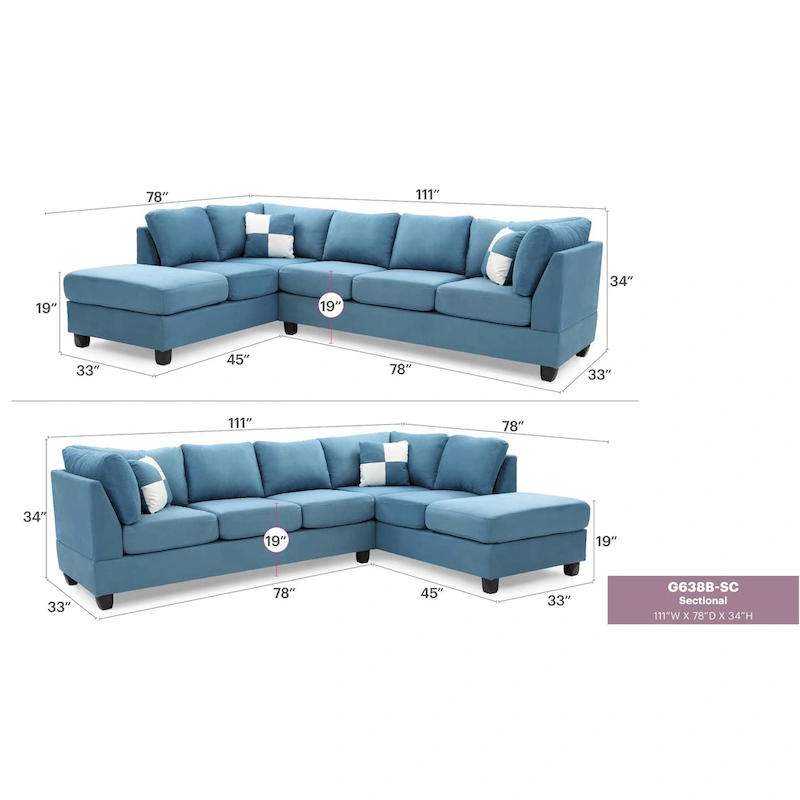 Malone 111 in. Suede 4-Seater Sectional Sofa with 2-Throw Pillow - 111L x 78W x 34H