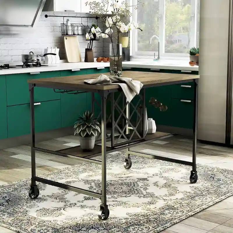 Industrial Medium Oak 48-inch Wide Metal Kitchen Island with Caster Wheels
