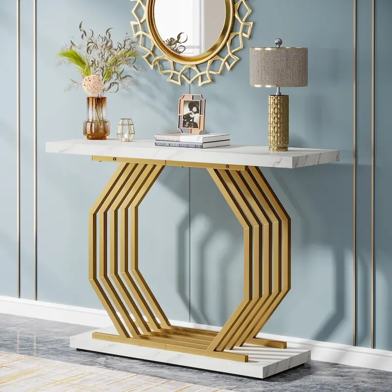 39.37 Gold Console Table, Modern White Marble Sofa Table with Geometric Metal Base