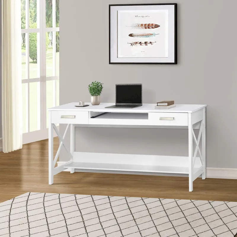59.5-Inch Modern Farmhouse Writing Desk with Two Drawers, Home Office Wood Desk