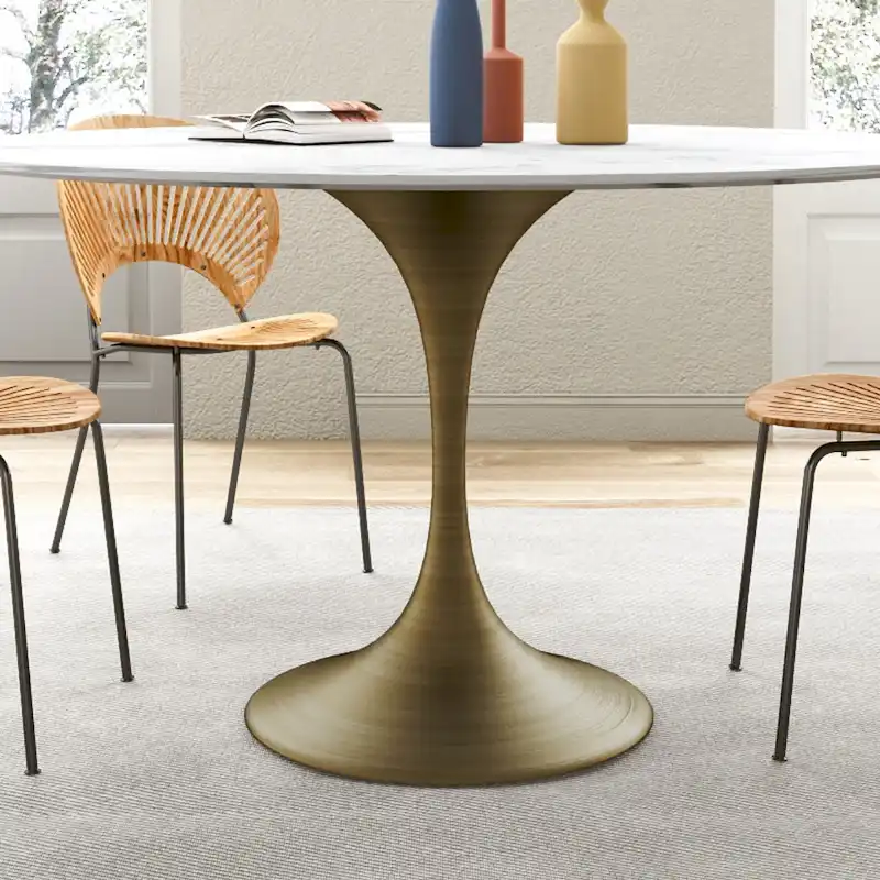 JASIWAY Modern Faux Marble Top Iron Pedestal Dining Table