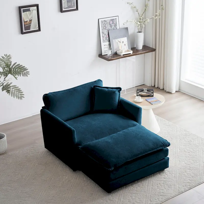 Modern Accent Chair with Ottoman, Living Room Club Chair Chenille Upholstered Armchair , Reading Chair for Bedroom, Blue Chenill