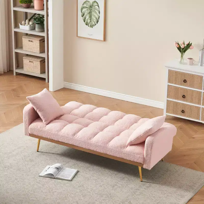 GDFStudio Smin Modern 69 Wooden Teddy Upholstered Sofa Bed with Adjustable Backrest