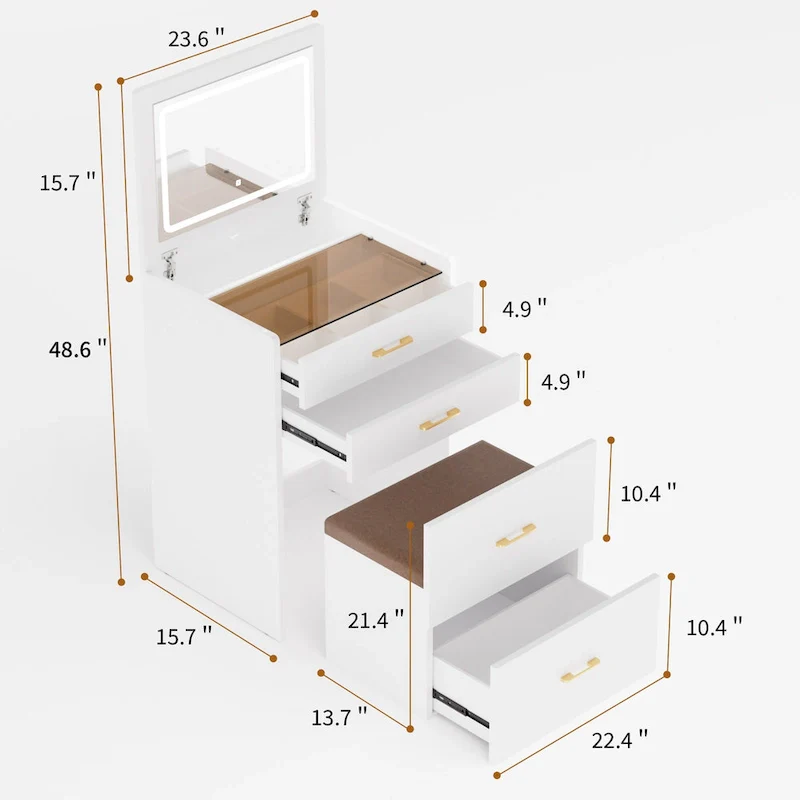 23.6 Makeup Vanity Table with Flip Top Lighted, 3 in 1 Vanity Desk with Glass, LED Light & Power Outlet, 3 Drawers