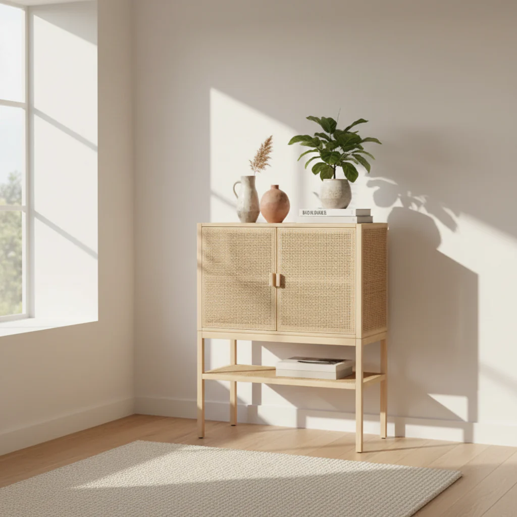 Woven Rattan and Wood Cabinet with 2 Doors