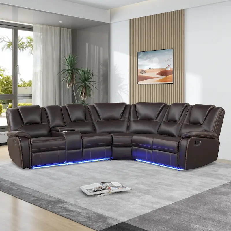 Modern Faux Leather Manual Reclining with Center Console with LED Light Strip,Living Room Furniture Set,PU Symmetrical Couch