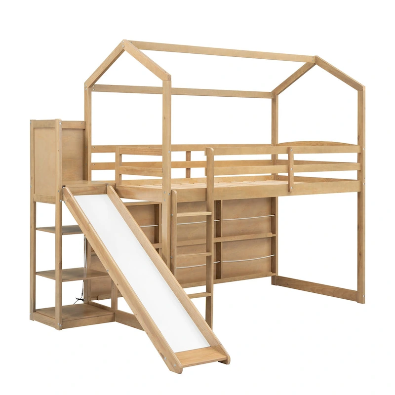 Wood Twin Wood House Loft Bed with Slide