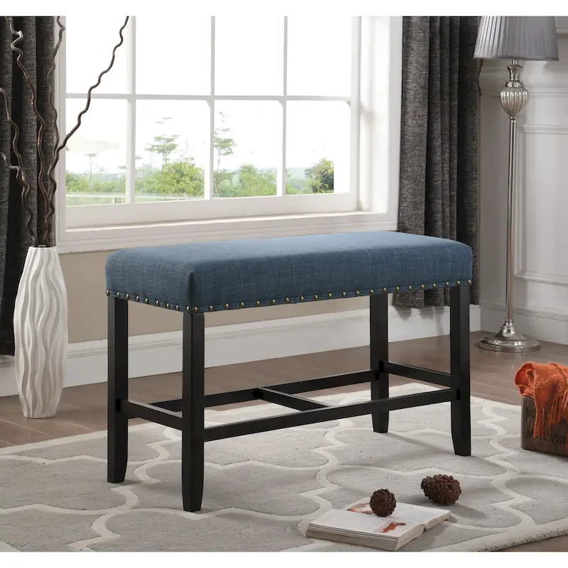 Roundhill Furniture Biony Blue Fabric Pub-Height 25.5   Dining Bench with Nailhead Trim
