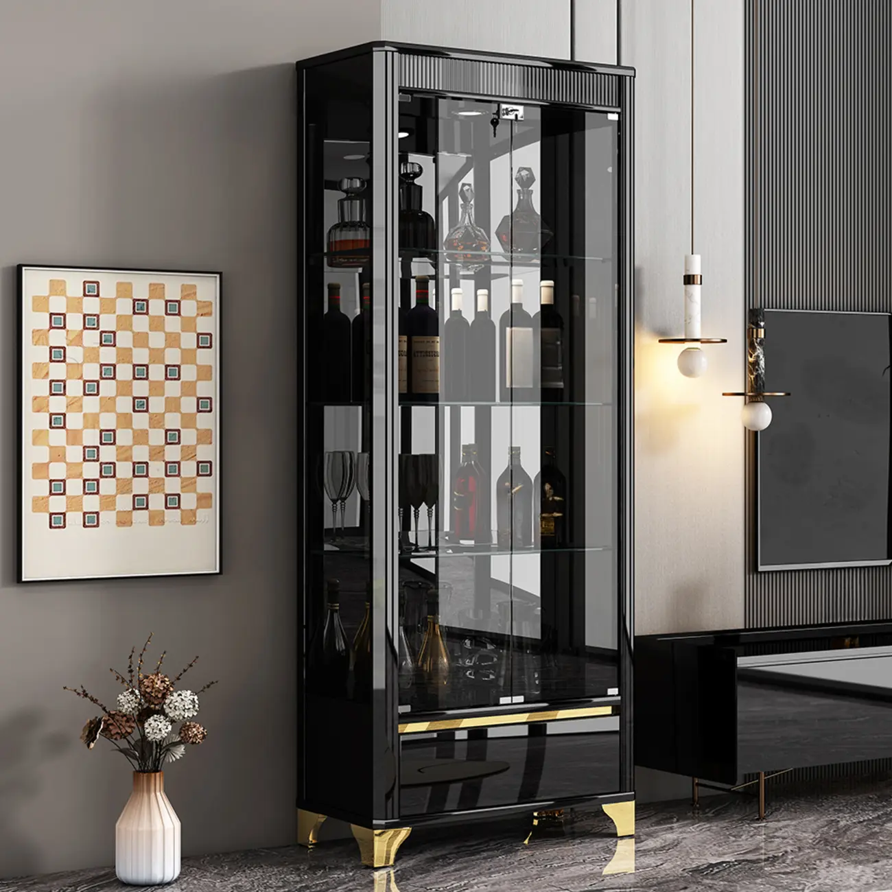 Elegant Black Clear Glass Display Cabinet with Drawers