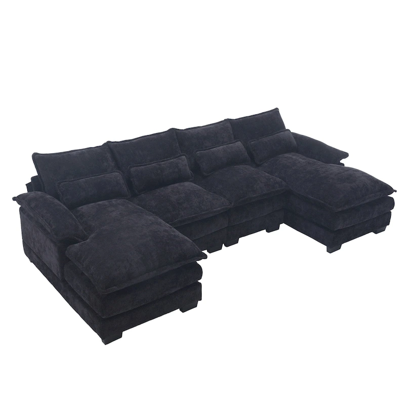 Chenille Upholstered U-Shaped Living Room Sectional Sofa With Wooden Legs