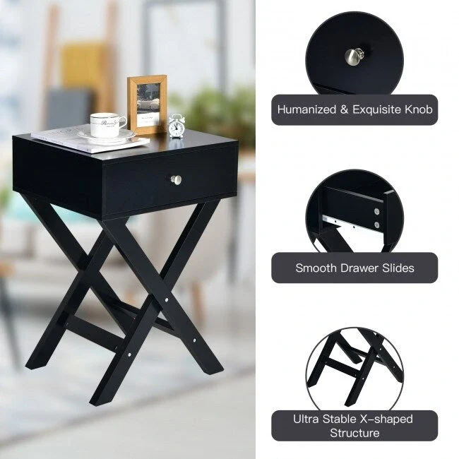 X Shaped Structure Side Nightstand with Drawer