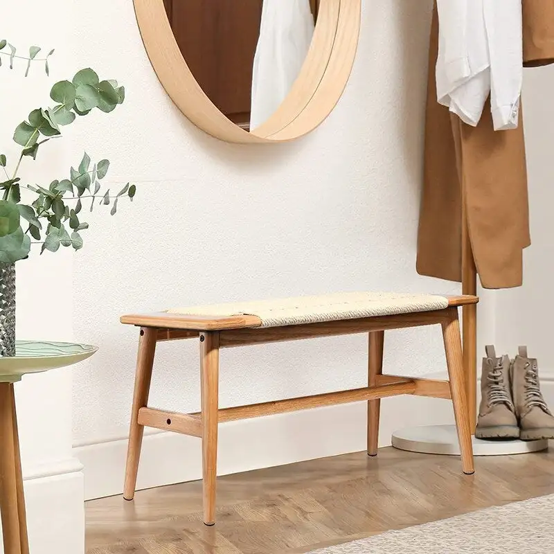 Boho Style Indoor Solid Oak Wood Bench with Woven Rope Seat and Mortise Tenon Joint for Entryway Bedroom Dining Room
