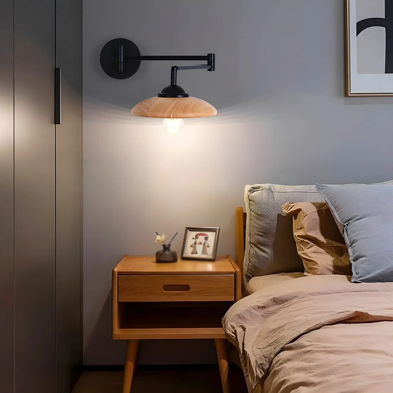 Black Metal Swing Arm Wall Light with Wood Shade