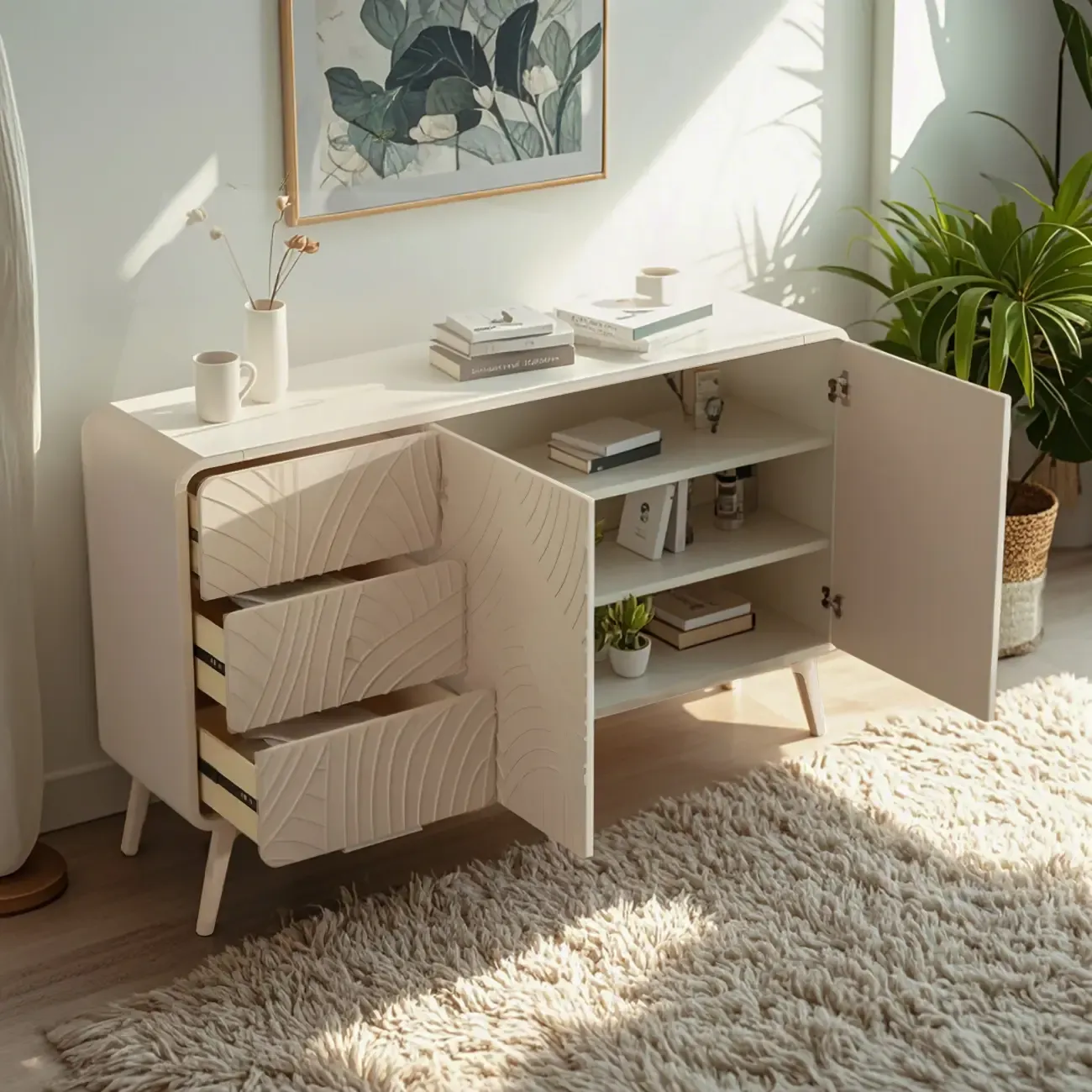 Glam White-Wood Protruding Lines Soft-Close Drawers Dresser