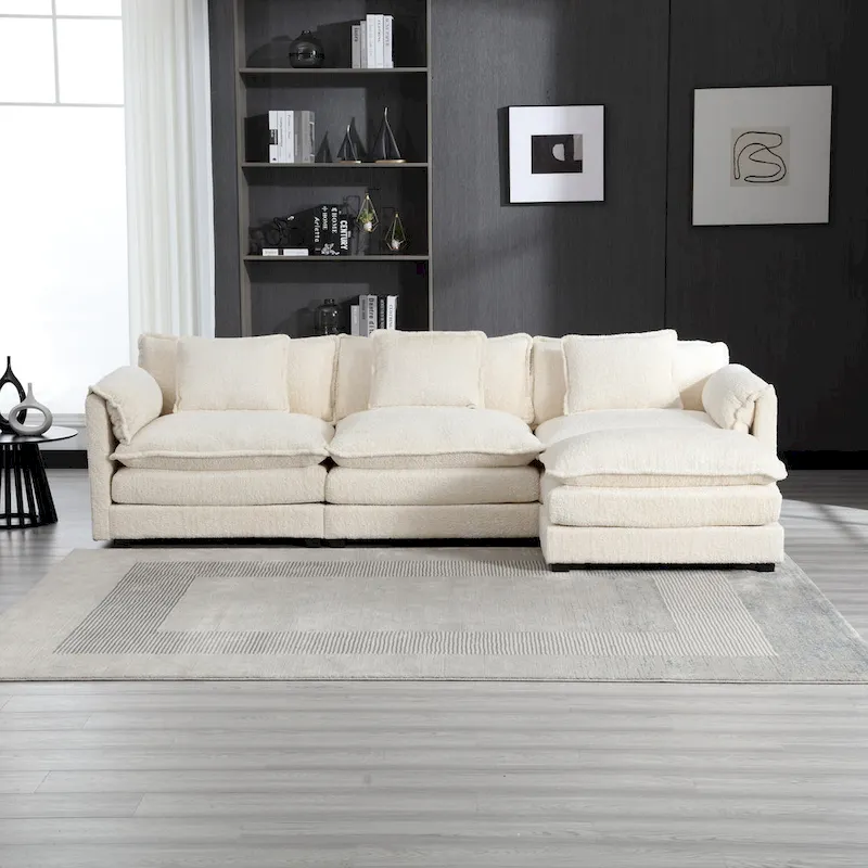 Beige 112.2 L-Shape 4-Seater Sectional Sofa in Modern Boucle Fabric with Removable Cushions and Detachable Armrests
