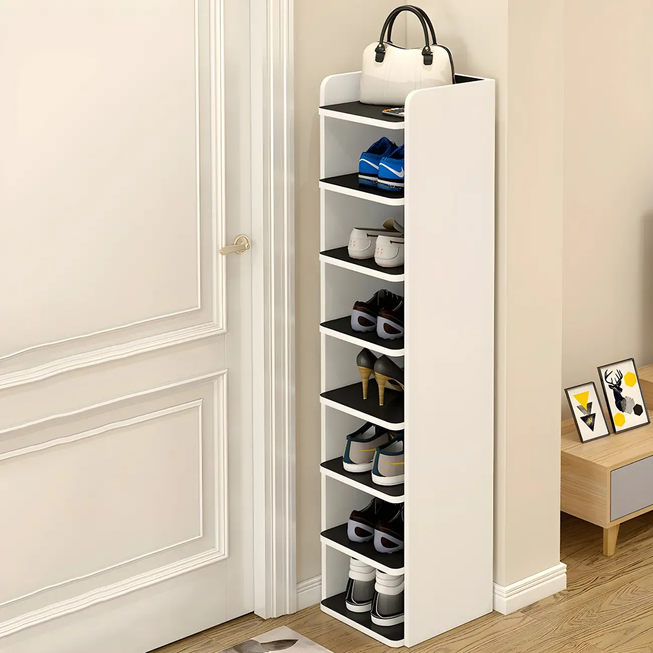 Modern White Wooden Open Shoe Rack for Entryway