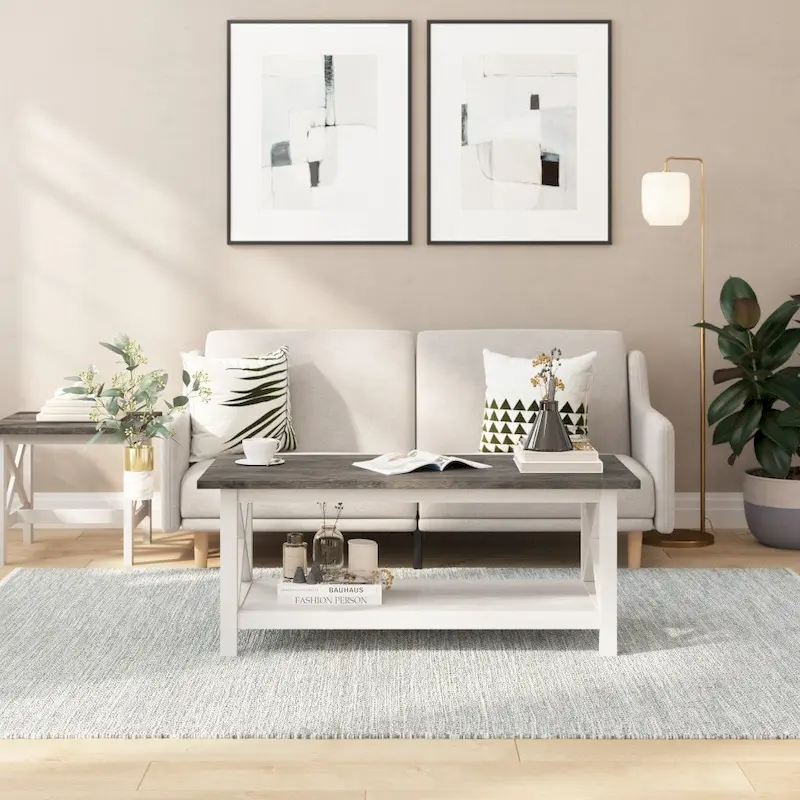 Farmhouse X-Frame Coffee Table with Shelf, Acacia Gray/Dark Gray/Walnut, Solid Wood