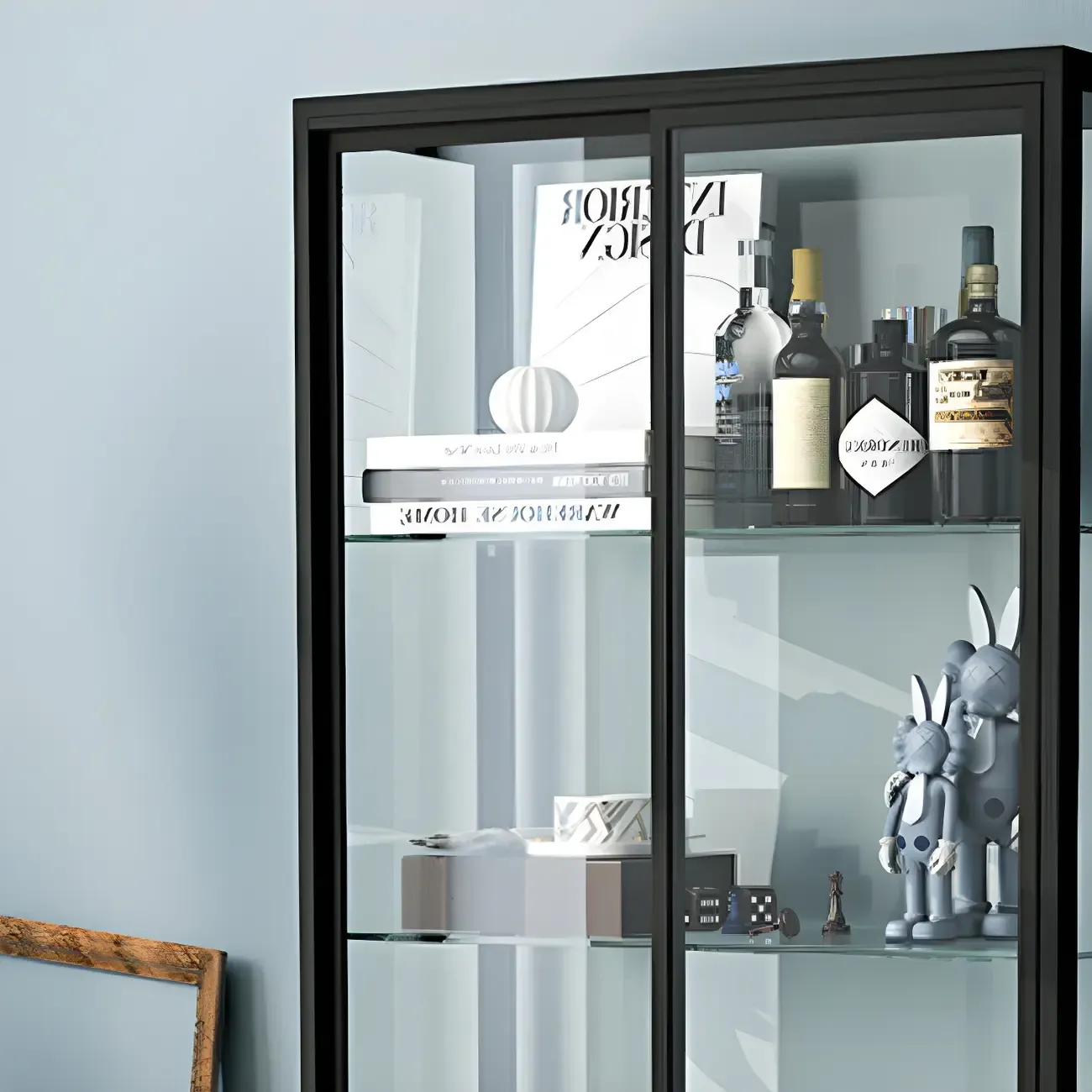 Black Metal Frame Glass Shelves Curio Cabinet