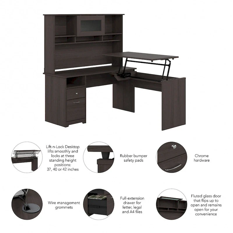 60W 3-position L-shaped Sit to Stand Desk with Hutch by