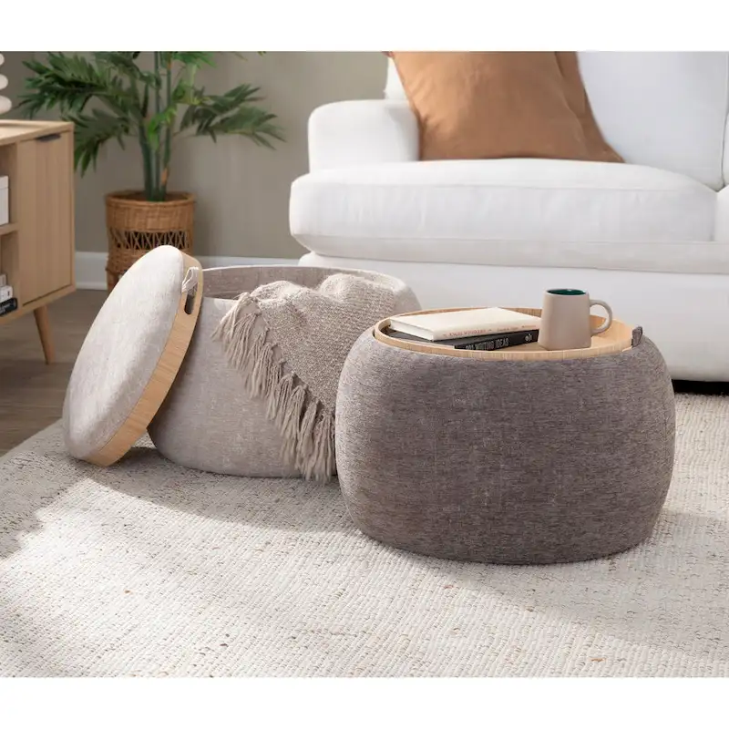 Carson Carrington Astrid Pouf with Natural Wood Tray Top