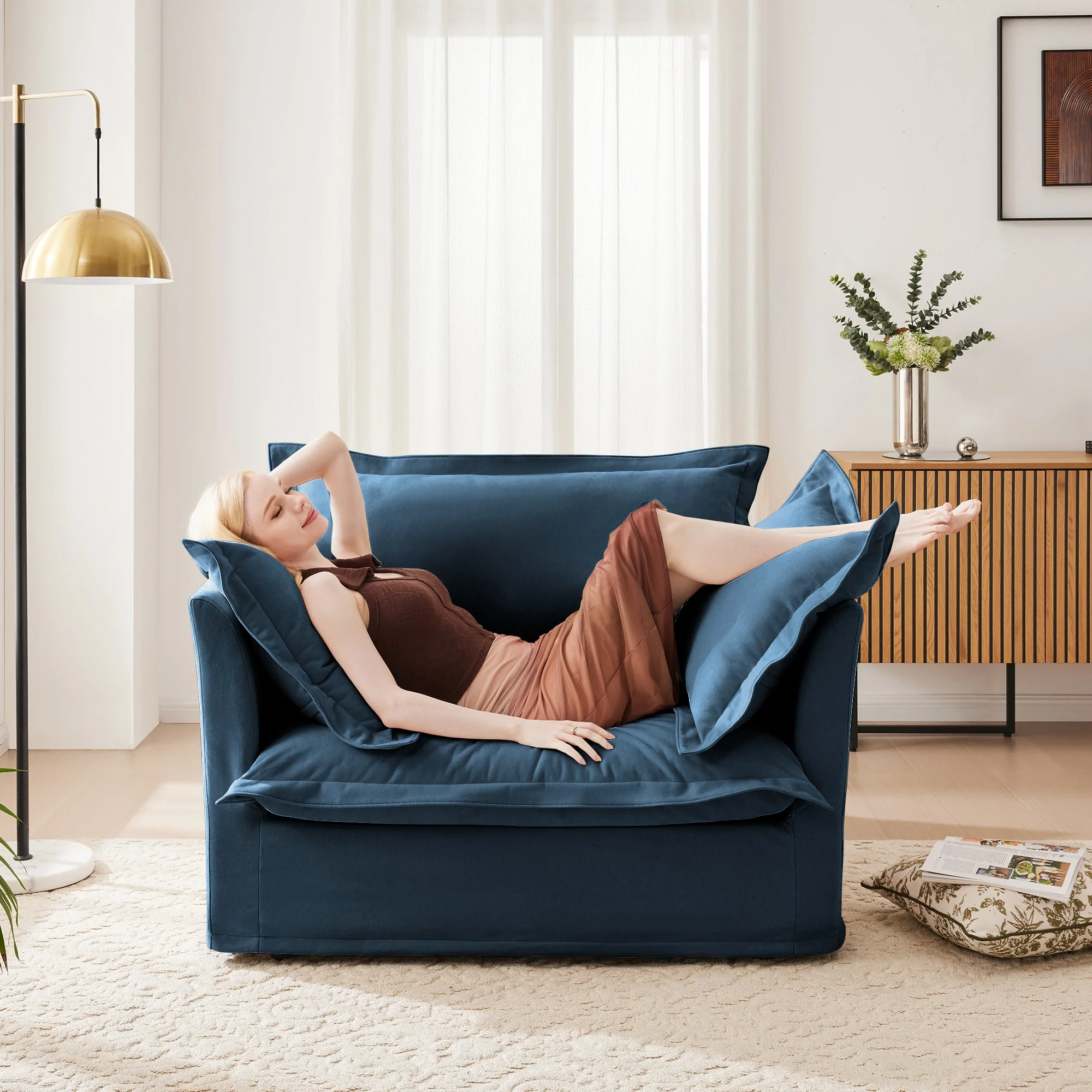 Walker Edison | Cloud Slipcovered Blue Armchair with Ottoman
