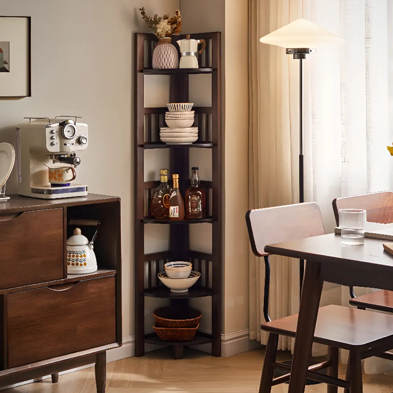 Freestanding Narrow Brown Wood Open Back Corner Bookcase