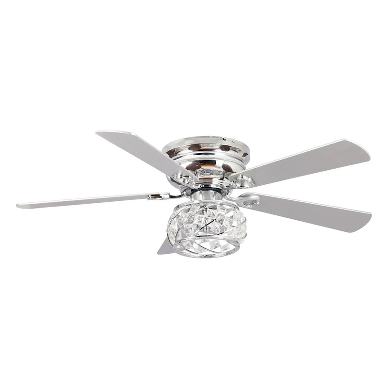 48  Chrome Wooden 5-Blade Crystal Flush Mount Ceiling Fan with Remote