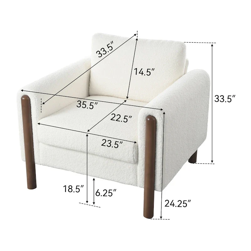 White 33.5 Upholstered Accent Chair with Walnut Legs and Curved Handrail