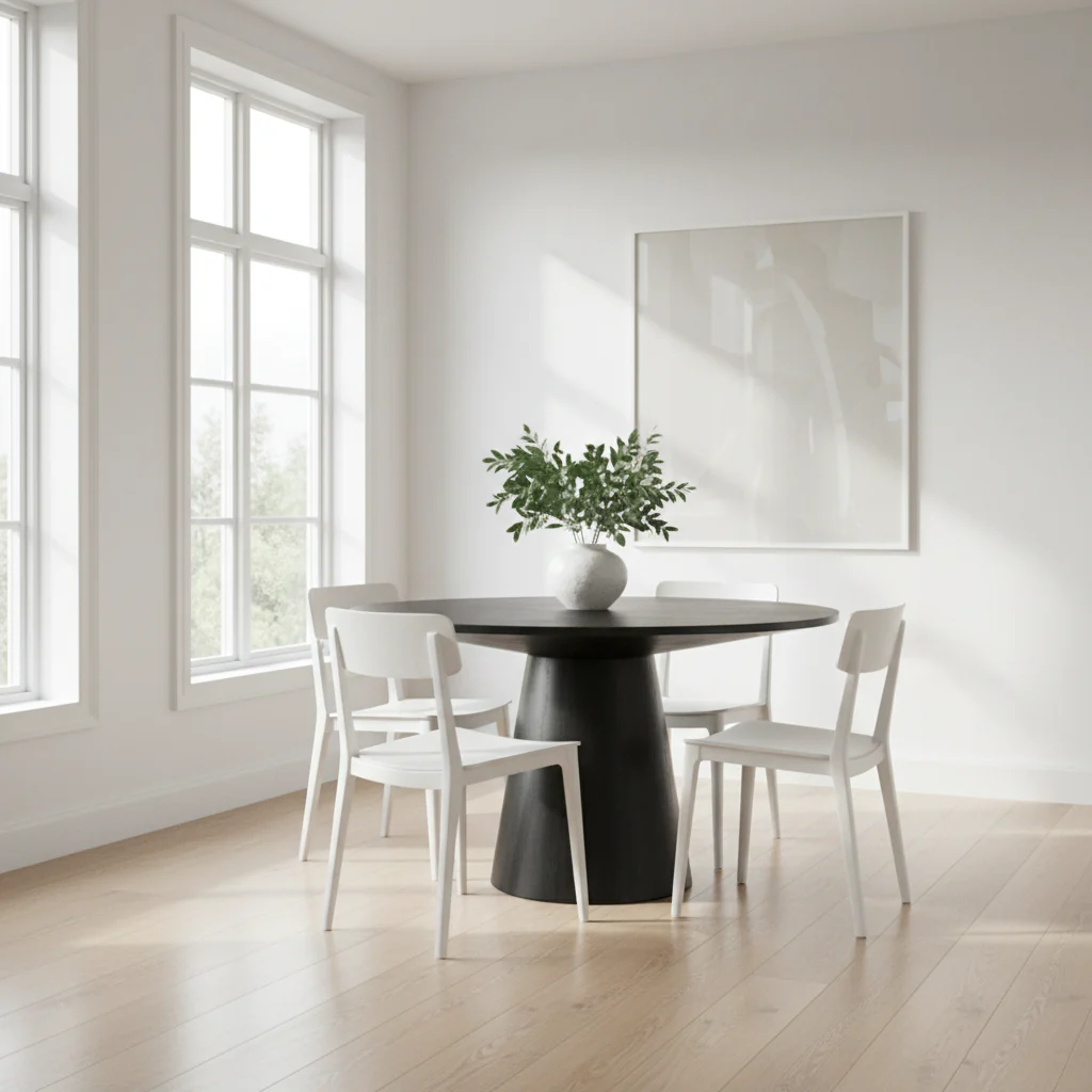 59-Inch Dining Table — Round Top, Pedestal Base, Rubberwood, Black