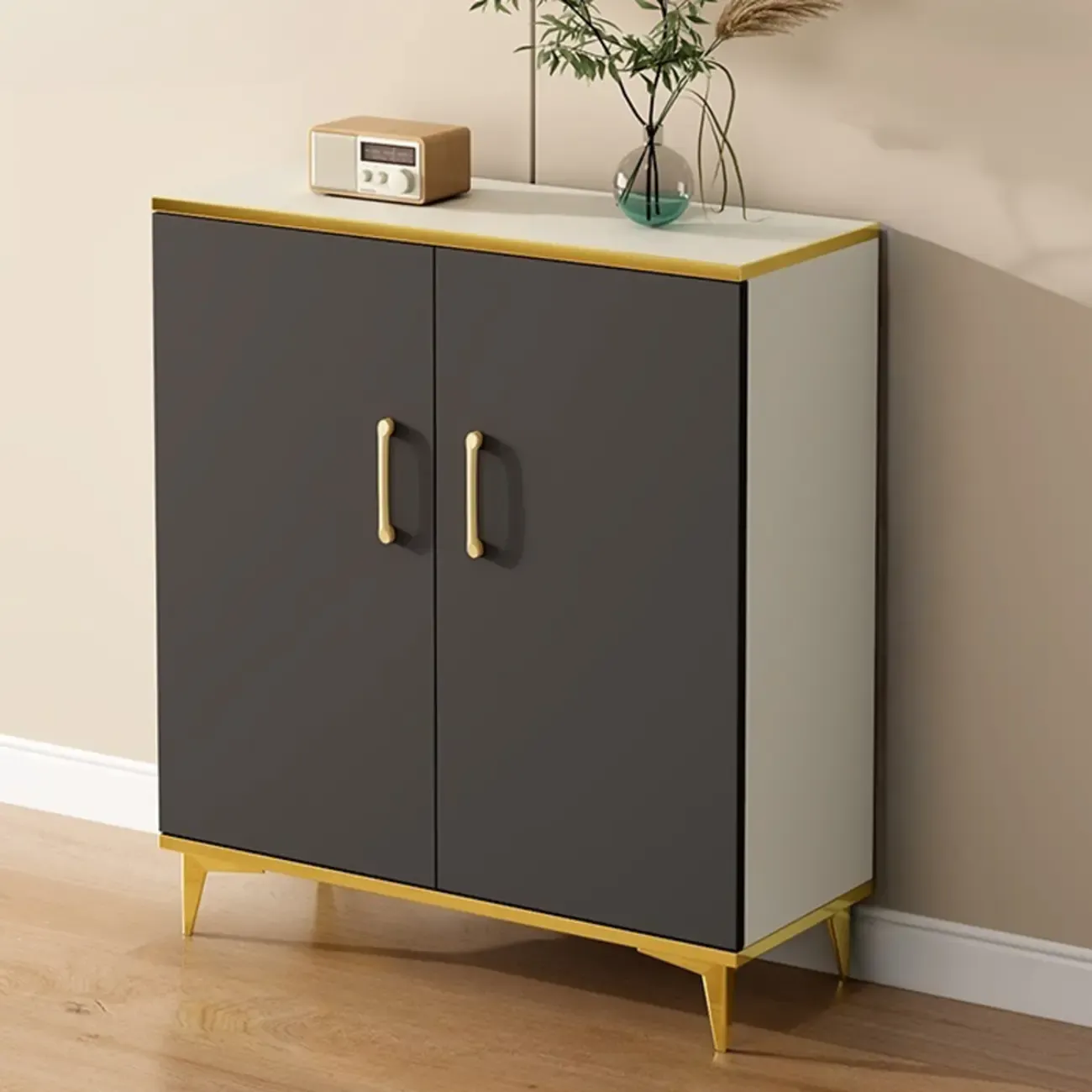 Trendy Grey Wood Hallway Shoe Cabinet with Gold Legs