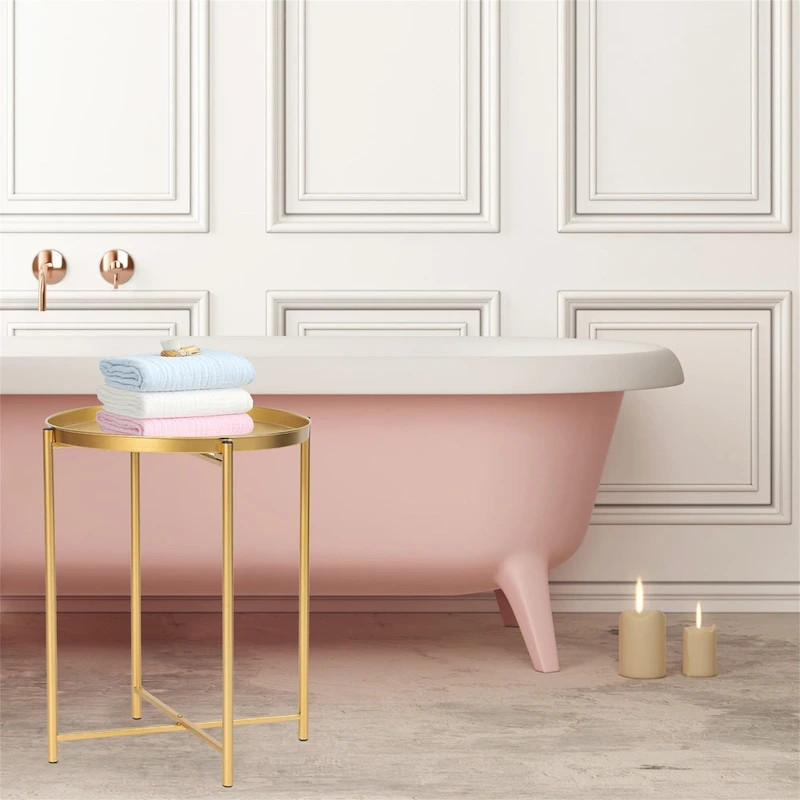 Adeco Gold End Table Metal Waterproof Snack Beside Table Accent Coffee Table - 16.9(D)x 16.9(W)x 20.5(H)