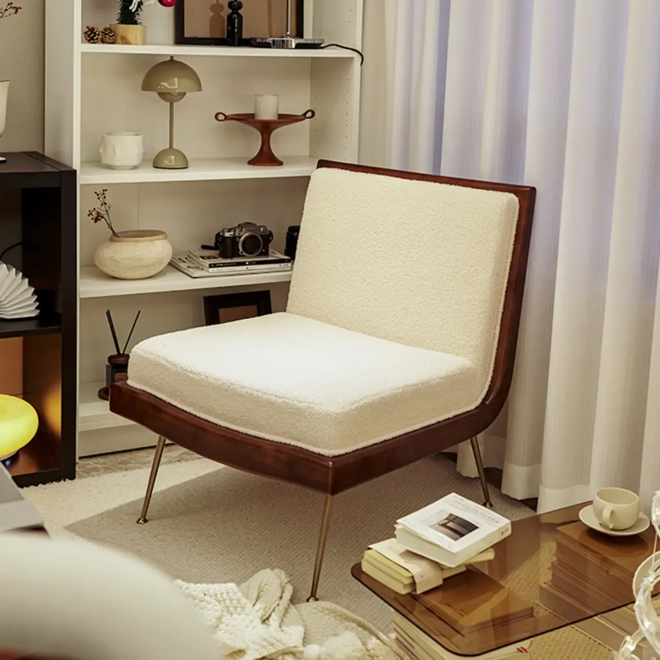 Glam Sherpa Accent Arm Chair with White Cushion