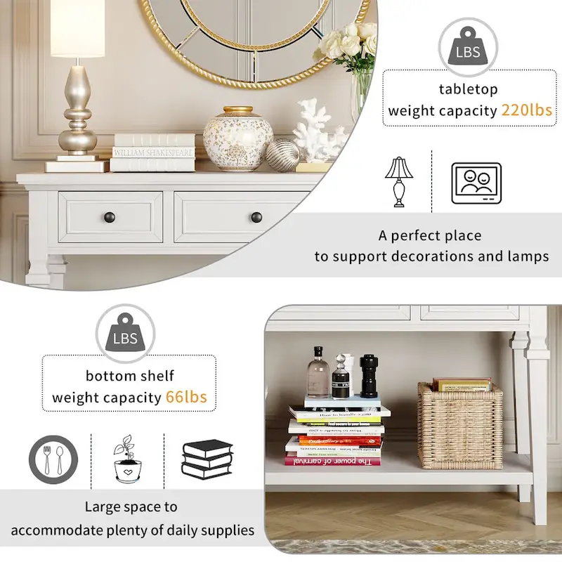 Classic Console Table with 3 Top Drawers and Open Style Bottom Shelf