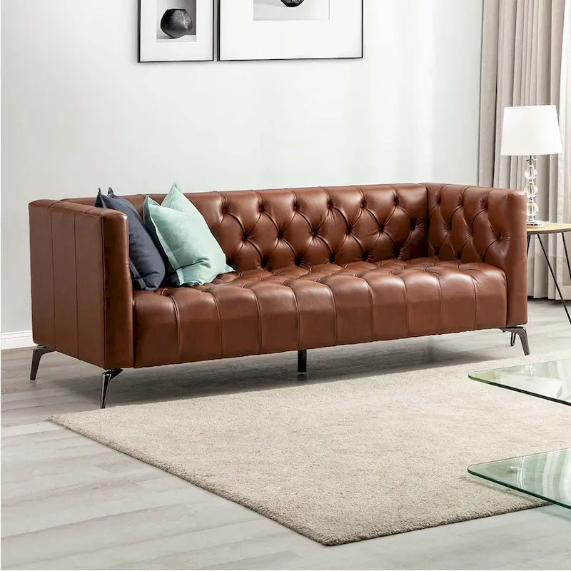 Nestor Transitional Genuine Leather Sofa with Metal Legs and Tufted Back