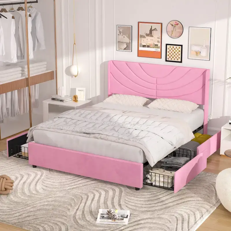 Upholstered Bed Frame with Headboard and 4 Storage Drawers