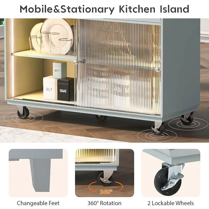 Multi-Functional Kitchen Island Cart with Drop Leaf, LED Light, and Power Outlets
