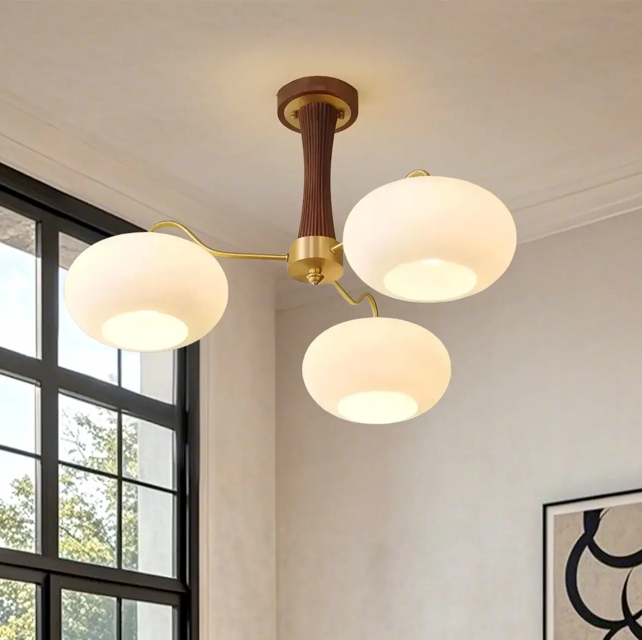 Classic Large Glass Drum Walnut Wood Semi Flush Ceiling Light