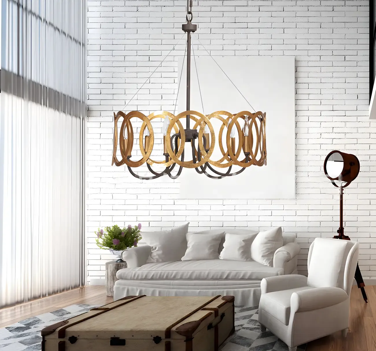 Industrial Rust Style Gold Circular Metal Ring Hoop Chandelier