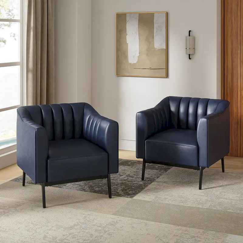 Channel Tufted PU Leather Accent Chair, Navy/Grey/Camel/Brown/Black, Metal Legs, Set of 2