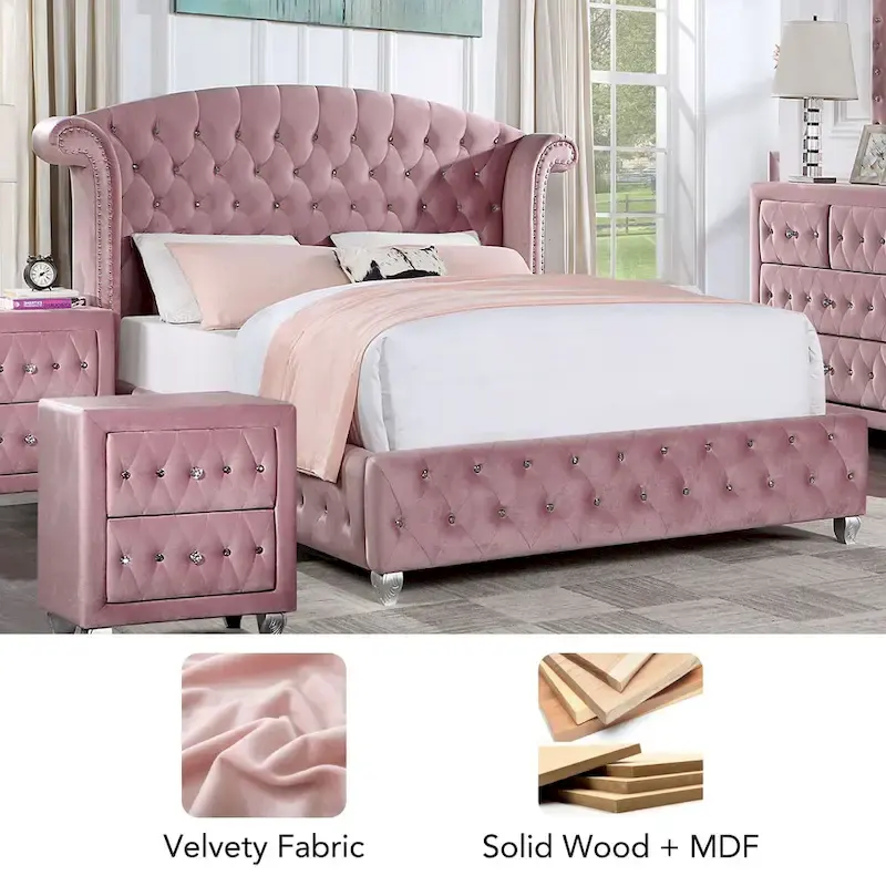Vyvi Glam Upholstered Pink Button Tufted Wingback Panel Bed by Furniture of America